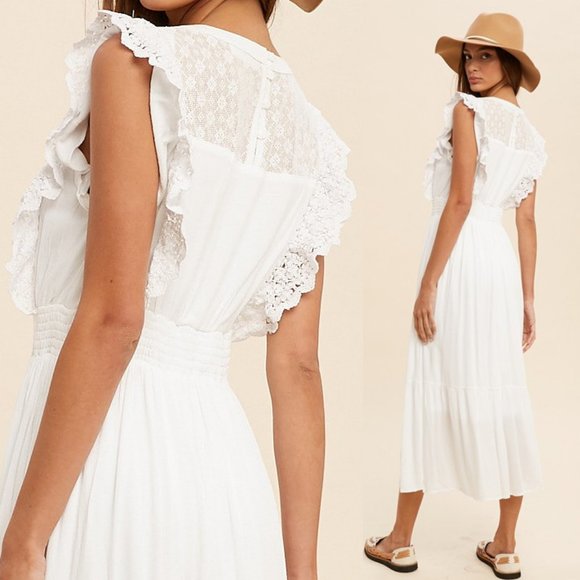 NEW Off White Romantic Lace Inset Ruffle Trim Yoke Smock Waist Midi Maxi Dress - Picture 4 of 10